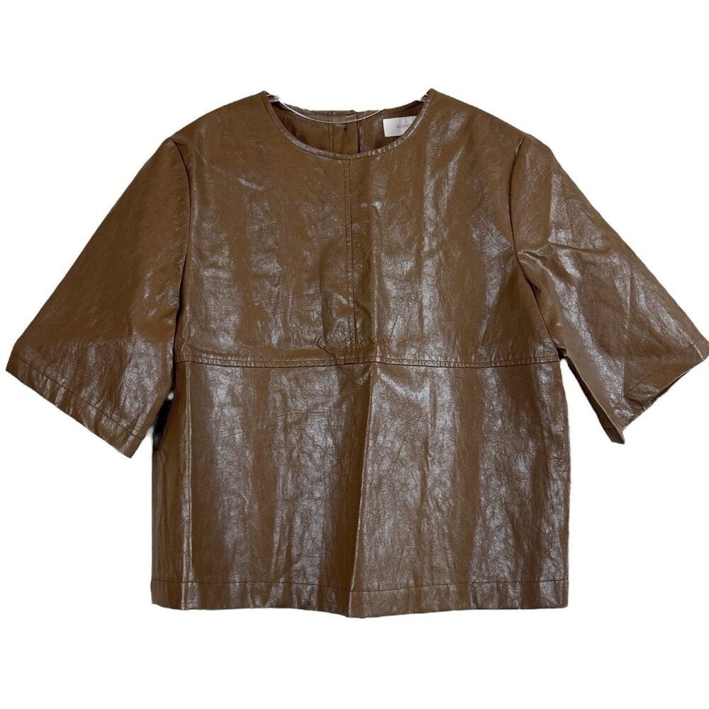 Mignon Doo Cropped Faux Leather Shiny Buttoned Blouse Top Brown Size Small